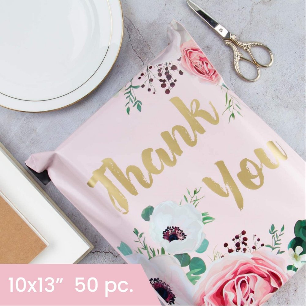 10x13" (50 Pack) Thank You Floral Polymailers (Light Pink)
